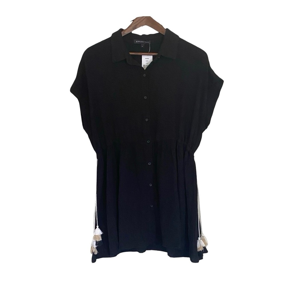 Gibsonlook Women's Shirt Mini‎ Dress Size L Black Cotton Double Gauze Tassel NWT